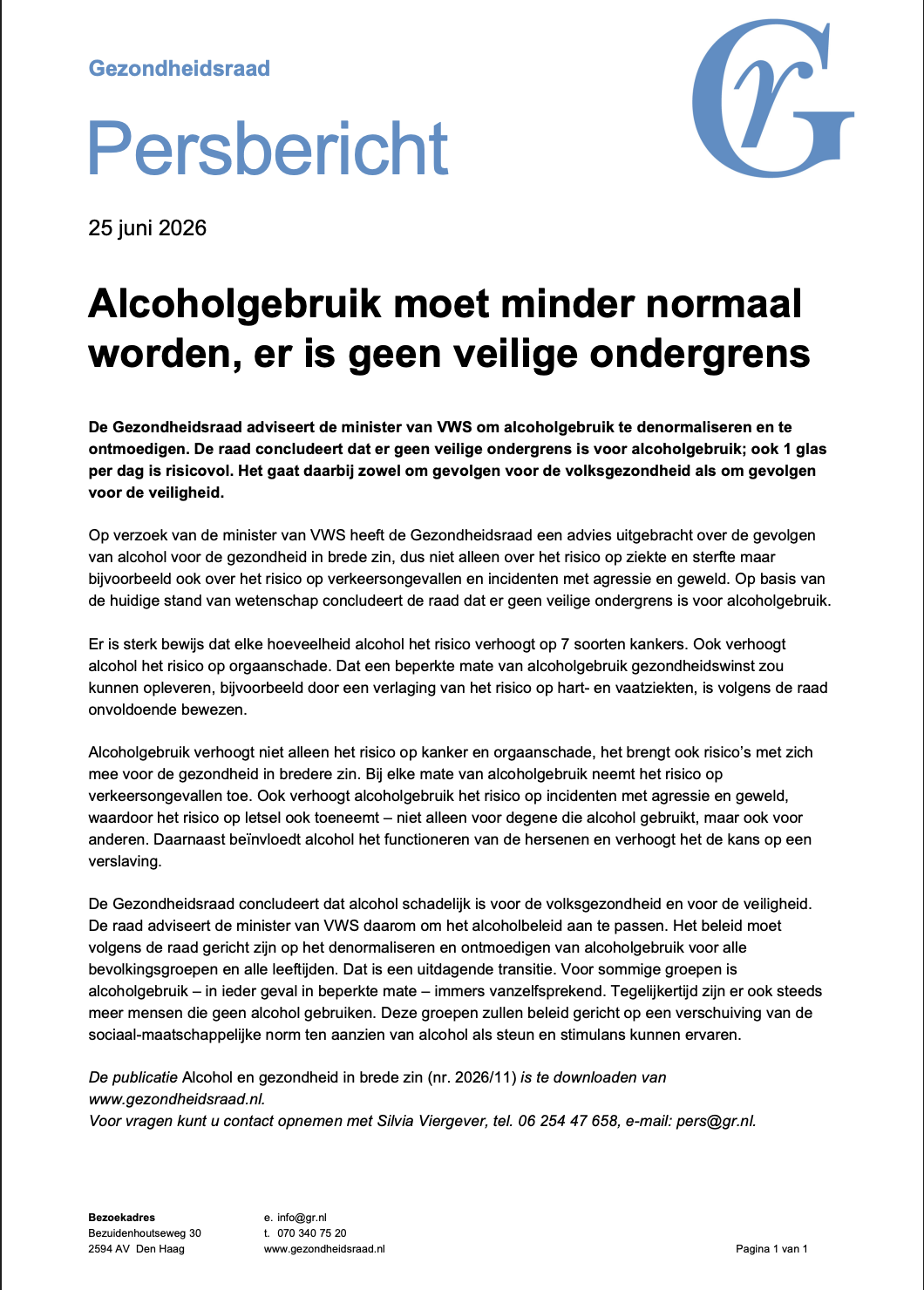 Persbericht Gezondheidsraad 25 juni 2026: Alcoholgebruik moet minder normaal worden, er is geen veilige ondergrens